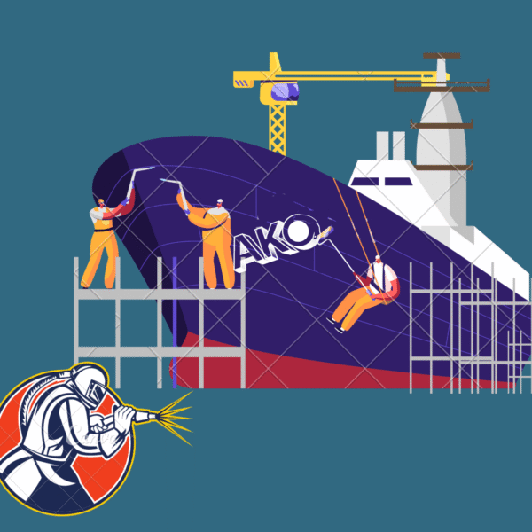 وکتور یک کشتی در حال رنگ‌آمیزی با نمایش عملیات سندبلاست توسط نیروی متخصص و آرم شرکت آکو روی بدنه کشتی